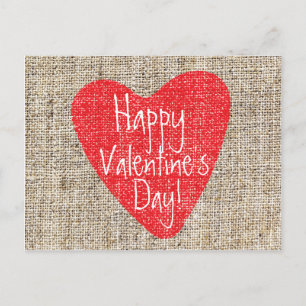 Cartão Postal De Festividades Burlap Coração Vermelho Vale do Dia dos Namorados 