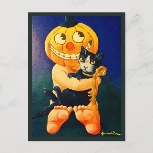 Cartão Postal De Festividades Cabeça de Abóbora Segurando Gato - Halloween Vinta (Frente)