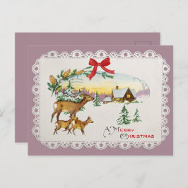 Cartão Postal De Festividades Cabina e veado de natais vintages