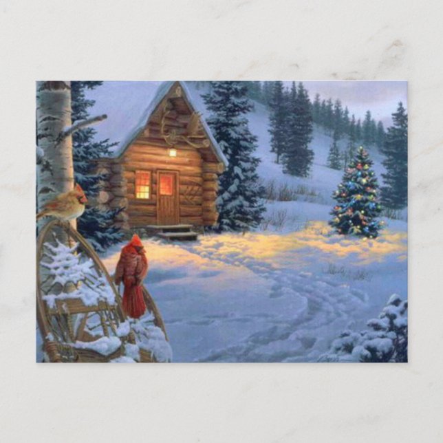 Cartão Postal De Festividades Cabine da neve com pássaros do Natal (Frente)