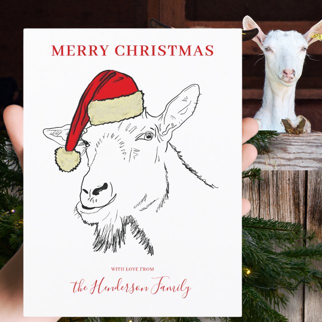 Cartão Postal De Festividades Cabra vestindo um orçamento de ilustração do Santa (Merry Christmas goat wearing a santa hat custom holiday greetings postcard simple farm animal art)