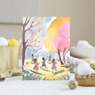 Cartão Postal De Festividades Caça ao Ovo de Páscoa Pastel Floral Pintado à Mão 