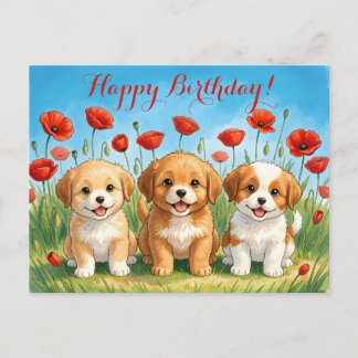 Cartão Postal De Festividades Cachorrinhos Fofos Personalizados & Papoulas Verme