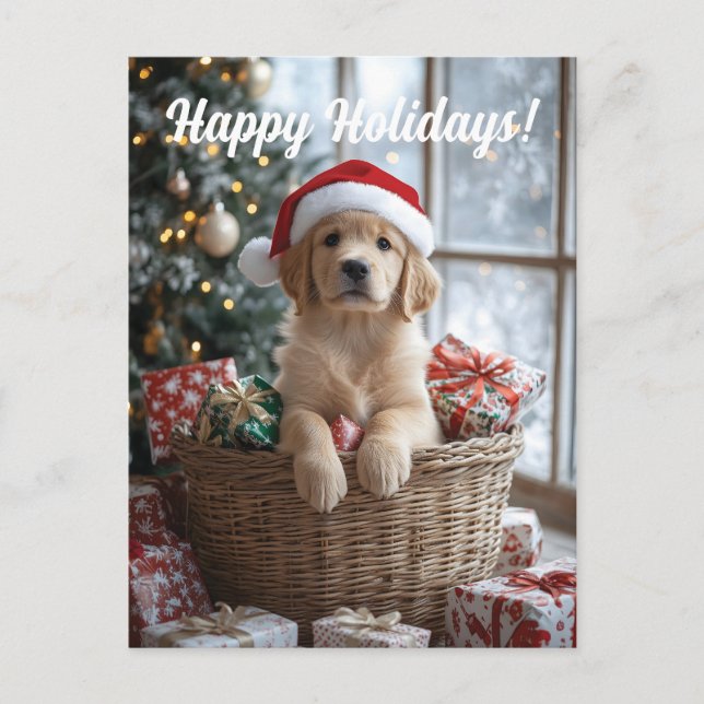 Cartão Postal De Festividades Cachorro Adorável com Papai Noel na Cesta (Frente)