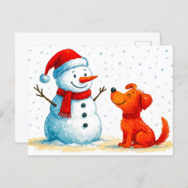 Cartão Postal De Festividades Cachorro Aquarela com Snowman no inverno