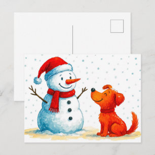 Cartão Postal De Festividades Cachorro Aquarela com Snowman no inverno