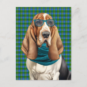 Cartão Postal De Festividades Cachorro Basset Hound e Xadrez Azul com Monograma