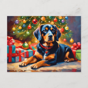 Cartão Postal De Festividades Cachorro Bonito pela Árvore de Natal