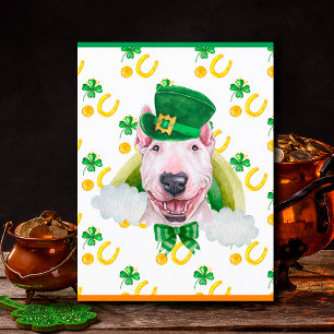 Cartão Postal De Festividades Cachorro Bull Terrier Trevo Dia de São Patrício
