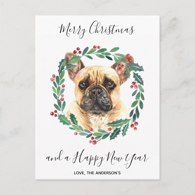 Cartão Postal De Festividades Cachorro Bulldog Francês Elegante Feliz Natal (Frente)