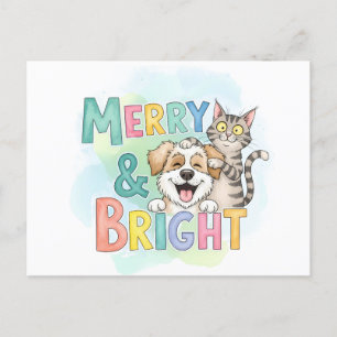 Cartão Postal De Festividades Cachorro Cachorro e Feliz de Gato e Brilho