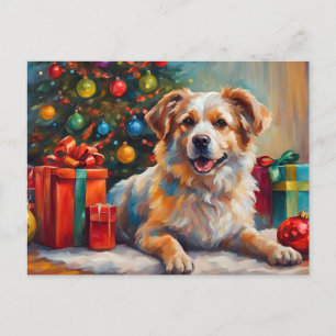 Cartão Postal De Festividades Cachorro de Natal com Presentes