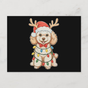 Cartão Postal De Festividades Cachorro de Poodle de Natal Rena Santa Chapéu Luz 