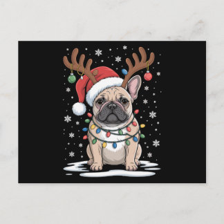 Cartão Postal De Festividades Cachorro de Rena Bulldog Francês de Natal Luzes de