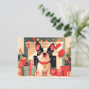 Cartão Postal De Festividades Cachorro francês fofo perto da lareira de Natal