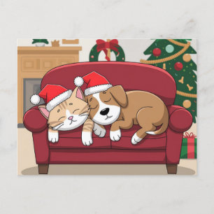 Cartão Postal De Festividades cachorro gato santa chapéu natal
