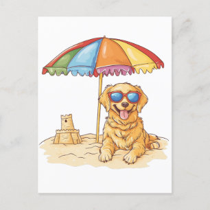 Cartão Postal De Festividades Cachorro Golden Retriever na Praia