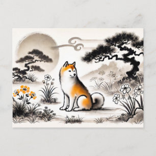 Cartão Postal De Festividades Cachorro Leal em Jardim sob arte de tinta Bonsai