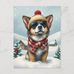 Cartão Postal De Festividades Cachorro legal no inverno de pré-disquete e chapéu