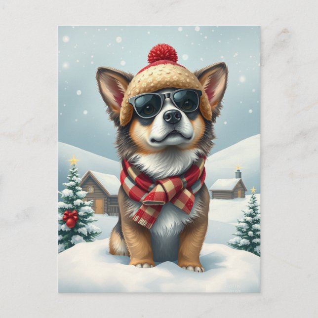 Cartão Postal De Festividades Cachorro legal no inverno de pré-disquete e chapéu (Frente)