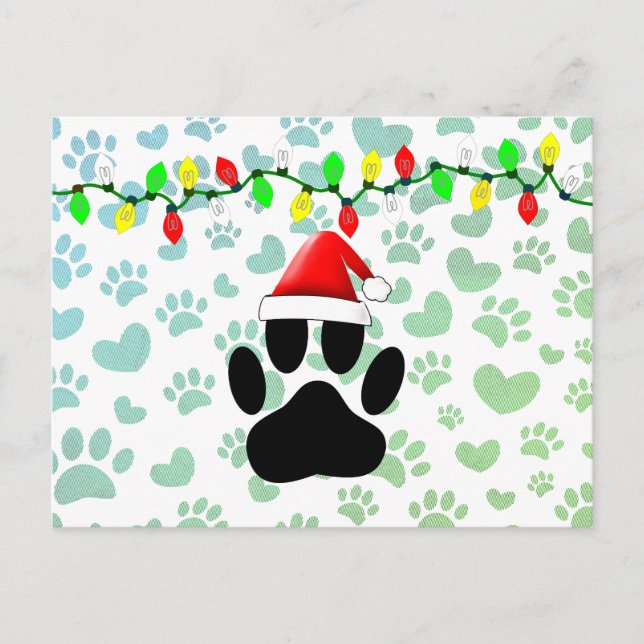 Cartão Postal De Festividades Cachorro Pawprint Papai Noel Luzes de Natal (Frente)