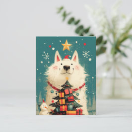 Cartão Postal De Festividades Cachorro Samoyed fofo com Natal