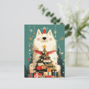 Cartão Postal De Festividades Cachorro Samoyed fofo com Natal