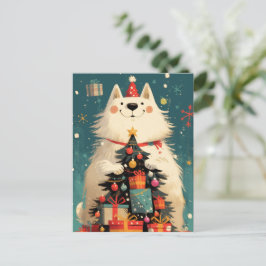 Cartão Postal De Festividades Cachorro Samoyed fofo com Natal
