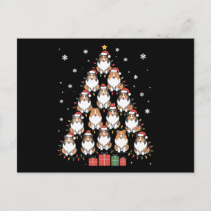 Cartão Postal De Festividades Cachorro Sheltie Árvore de Natal Chapéu do Papai N