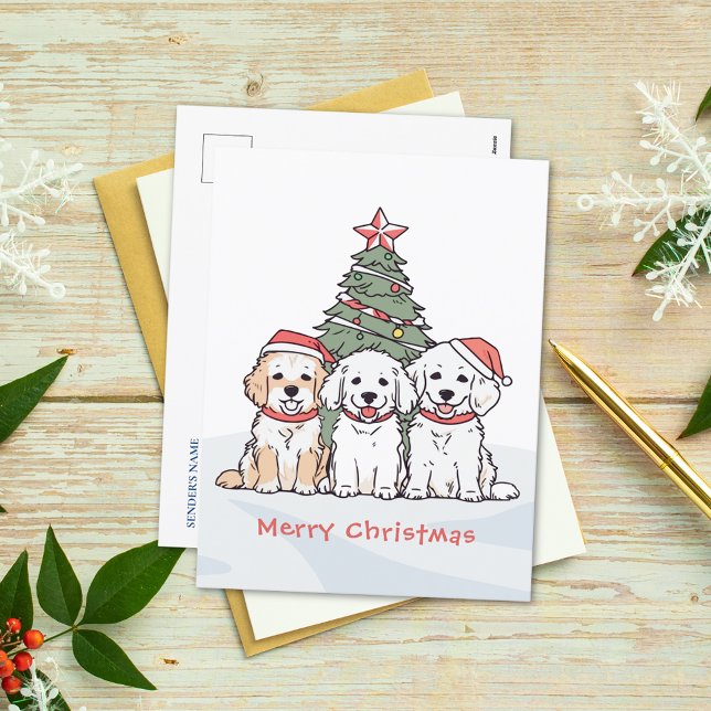 Cartão Postal De Festividades Cachorros de Aquarela Bonitos com Natal Santa Hats (Criador carregado)