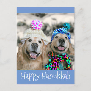 Cartão Postal De Festividades Cachorros de ouro em Chapéus de inverno Hanukkah