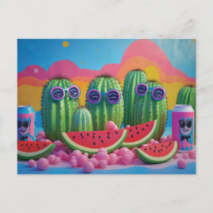 Cartão Postal De Festividades Cactos Divertidos com Óculos de Sol, Melancia e Do