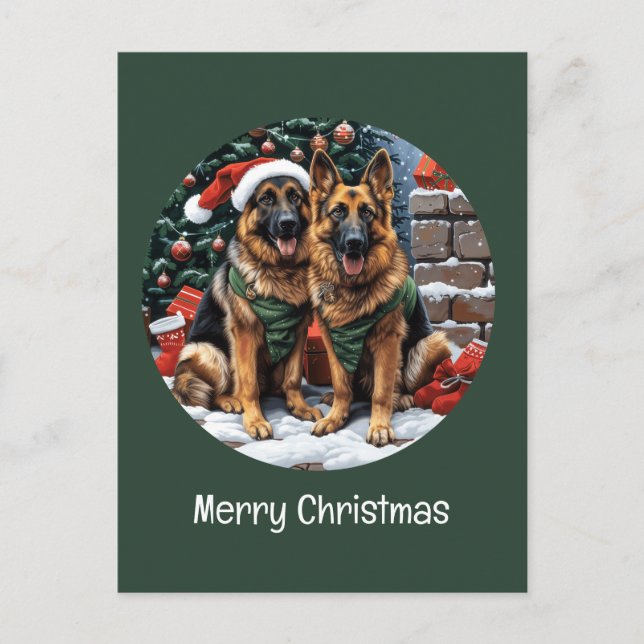 Cartão Postal De Festividades Cães de German shepherd Feliz de Natal (Frente)