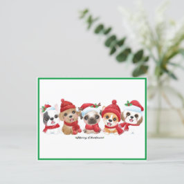 Cartão Postal De Festividades Cães em Santa Hats Animais empilham Verde moderno
