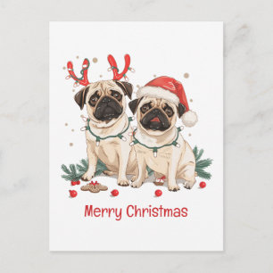 Cartão Postal De Festividades Cães Pug Feliz Natal