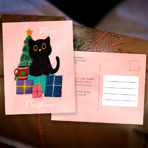 Cartão Postal De Festividades Café Gato Preto Fofo Natal Rosa Festivo