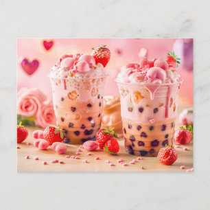 Cartão Postal De Festividades Café gelado com morangos e gelo de morango