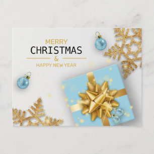 Cartão Postal De Festividades Caixa de Presente Azul Flocos de Neve Dourados Bol