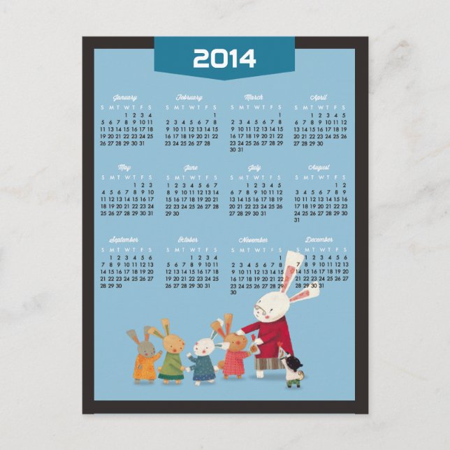 Cartão Postal De Festividades Calendário 2014 - Feliz Ano Novo Família Coelho (Frente)