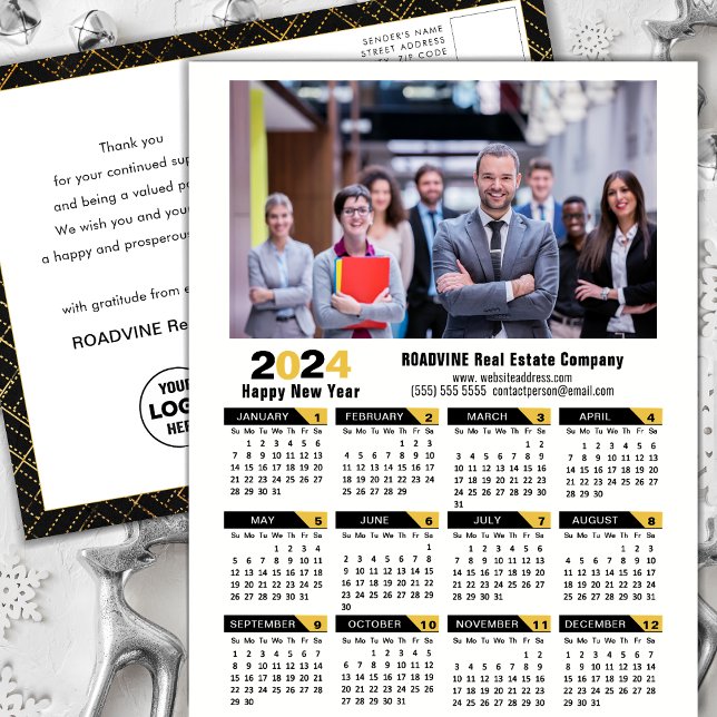 Cartão Postal De Festividades Calendário 2024 Foto corporativa Dourada moderna (Criador carregado)
