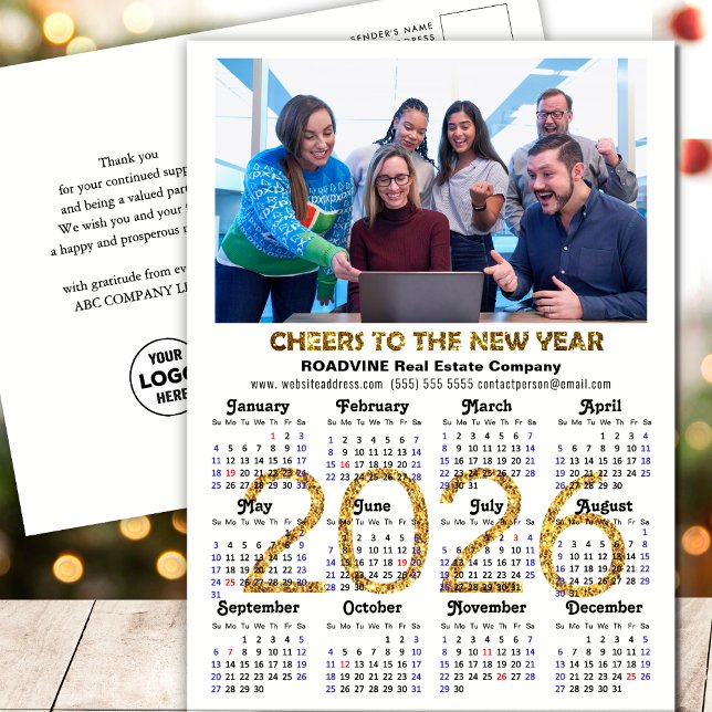 Cartão Postal De Festividades Calendário 2025 Foto corporativa Dourada Festiva (Criador carregado)