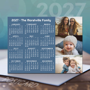 Cartão Postal De Festividades Calendário 2027 3 Fotos Azul Branco Minimalista