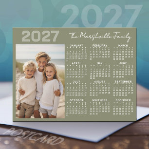 Cartão Postal De Festividades Calendário 2027 com Foto - Minimalista Verde Básic
