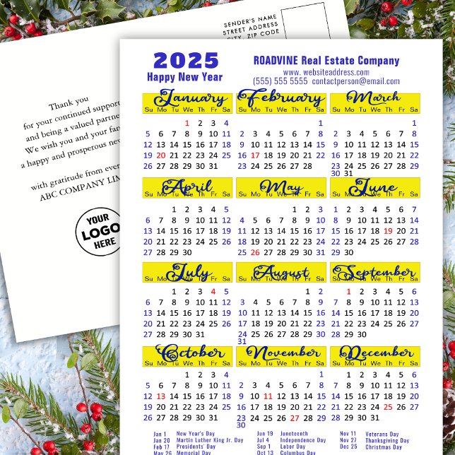 Cartão Postal De Festividades Calendário Comercial 2025 - Script Azul Moderno Si (Criador carregado)