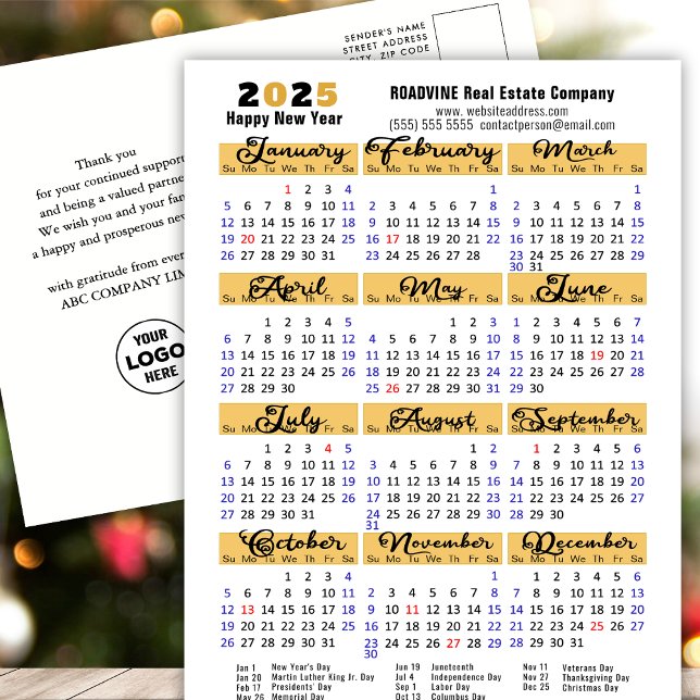 Cartão Postal De Festividades Calendário Comercial 2025 Script Preto Moderno Sim (Criador carregado)