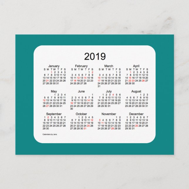 Cartão Postal De Festividades Calendário de Férias de 2019 por Janz Teal Postcar (Frente)