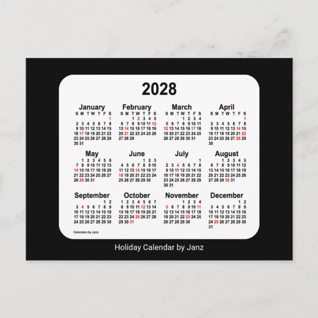 Cartão Postal De Festividades Calendário Mini Feriado Preto 2028 por Janz (Frente)