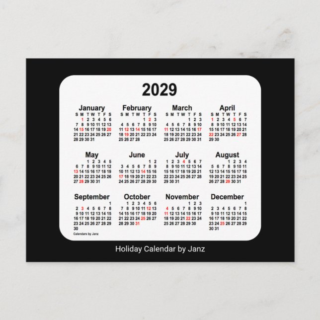 Cartão Postal De Festividades Calendário Mini Feriado Preto 2029 por Janz (Frente)