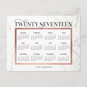 Cartão Postal De Festividades Calendário Modern Marble e Faux Rosa Dourado 2017