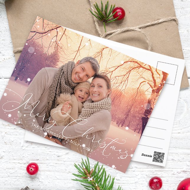 Cartão Postal De Festividades Caligrafia Elegante Flocos de Neve Feliz de Natal (Elegant Calligraphy Merry Christmas Snowflakes Holiday Postcard)